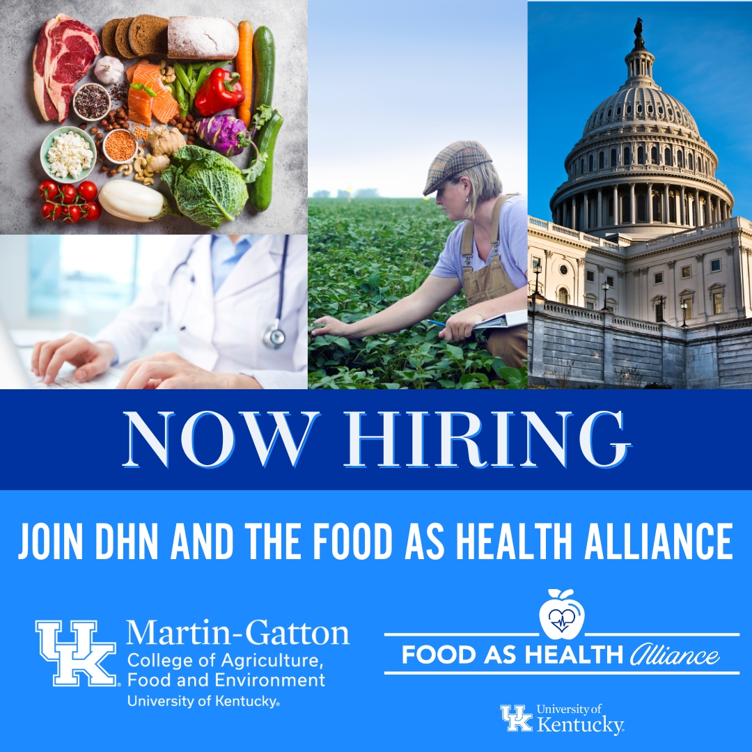 Join our team as a Research Coordinator! DHN is currently seeking a Program Coordinator II to assist with research activities for the Food as Health Alliance.

Apply by August 27th at ukjobs.uky.edu/postings/474800

#ukyfaha #ukydhn #UKCafe #UKCafejobs #nowhiring