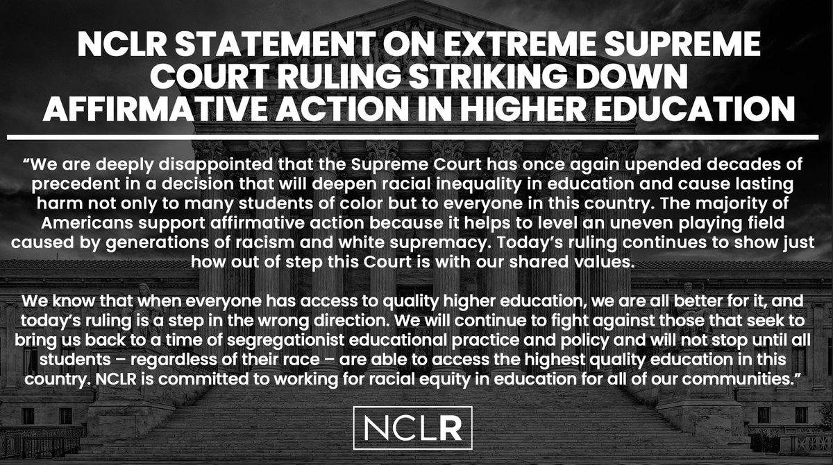 “We are deeply disappointed that #SCOTUS has once again upended decades of precedent in a decision that will deepen racial inequality in education and cause lasting harm not only to many students of color but to everyone in this country." - <a href="/ImaniRG/">Imani Rupert-Gordon</a> 
More: nclrights.org/about-us/press…