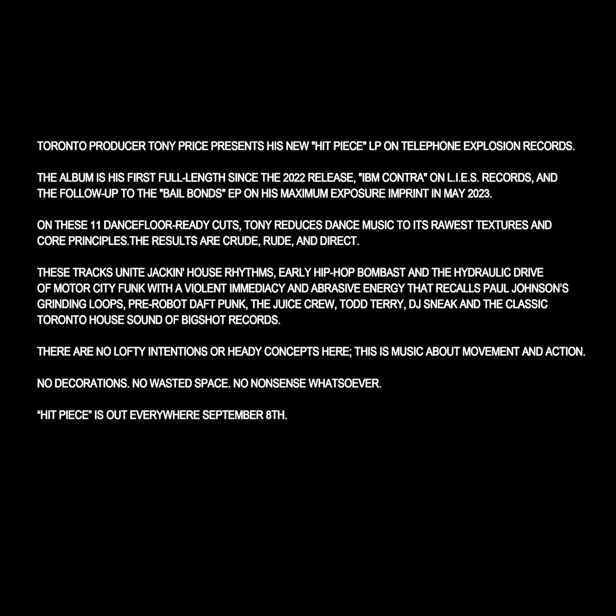 * NEW TONY PRICE LP ON TELEPHONE EXPLOSION RECORDS

* SEPTEMBER 8

* STREAM THE TITLE TRACK NOW
