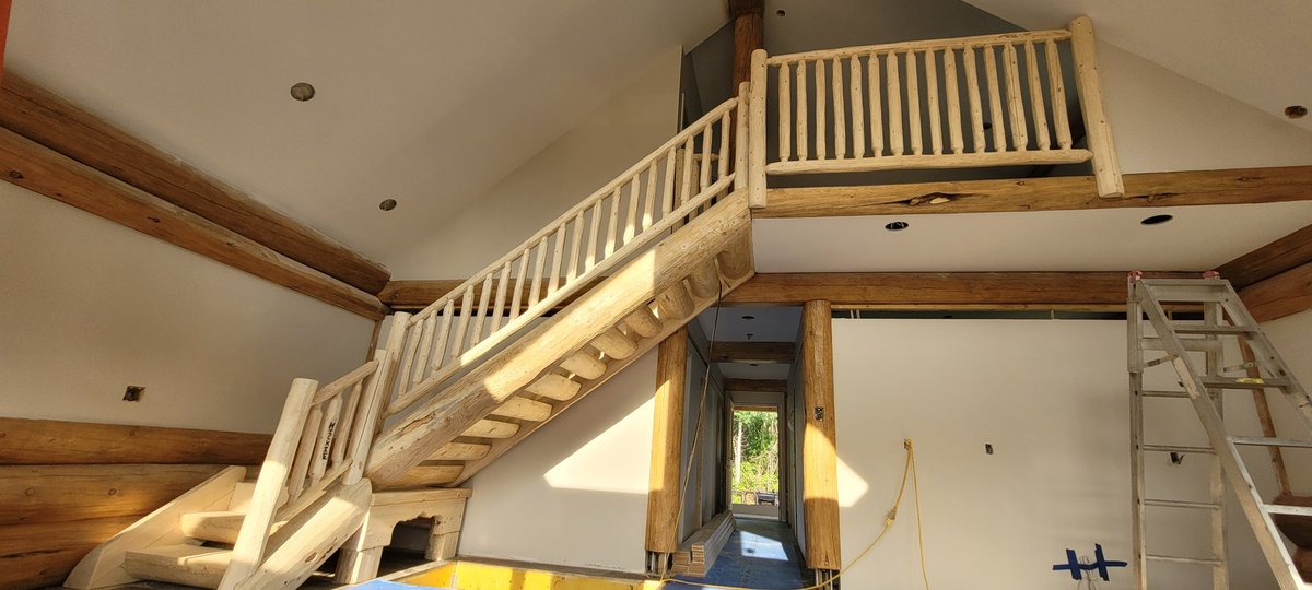 Log stairs and railings installed. 
frankslog.com 
#loghomes
#logcabin