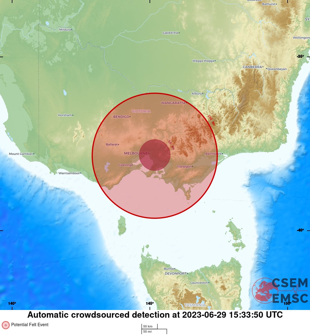 LastQuake's tweet photo. #Earthquake possibly felt 24 sec ago in #Australia. Felt it? Tell us via:
📱https://t.co/bKBgMenA4F
🌐https://t.co/44vngdM2ty
🖥https://t.co/OSr2jaub9Y
⚠ Automatic crowdsourced detection, not seismically verified yet. More info soon! https://t.co/hLcKoWEGiW