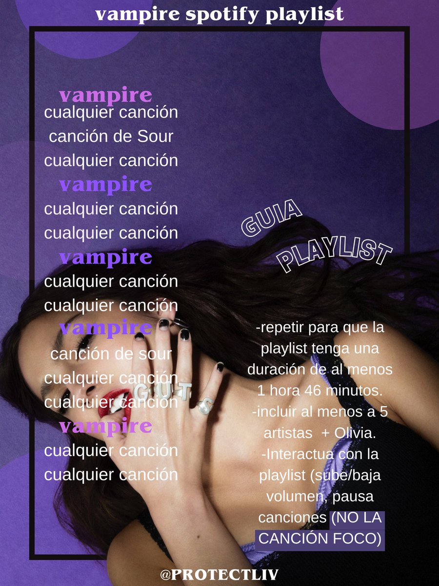 💋| buenas vísperas de vampire olivistas! cómo saben, nos encargaremos de apoyar al rendimiento de el nuevo single de Olivia Rodrigo, por lo que creamos plantillas para que puedan crear playlists para ayudar al stream!

SPOTIFY: