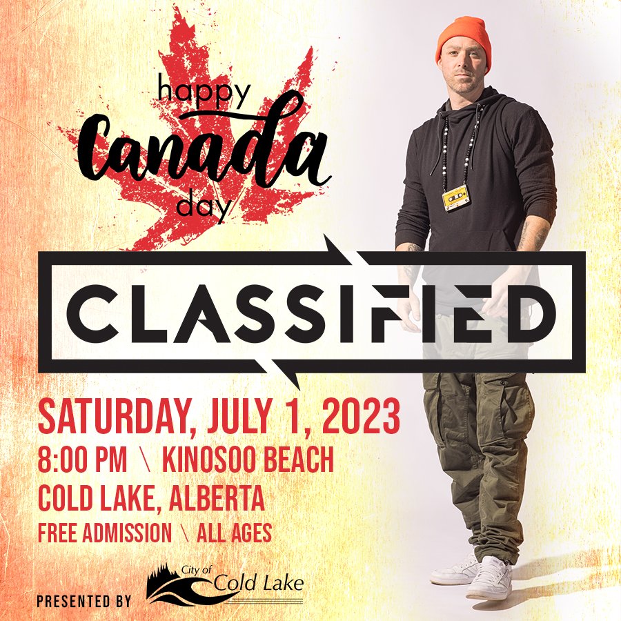 This July 1st, join us for a free outdoor concert, featuring award winning hip hop artist Classified. He will have the crowed pumped to cap off a full day of events at Kinosoo Beach! Visit coldlake.com/canadaday for all the details. #ohcanada #cityofcoldlake #beachbash
