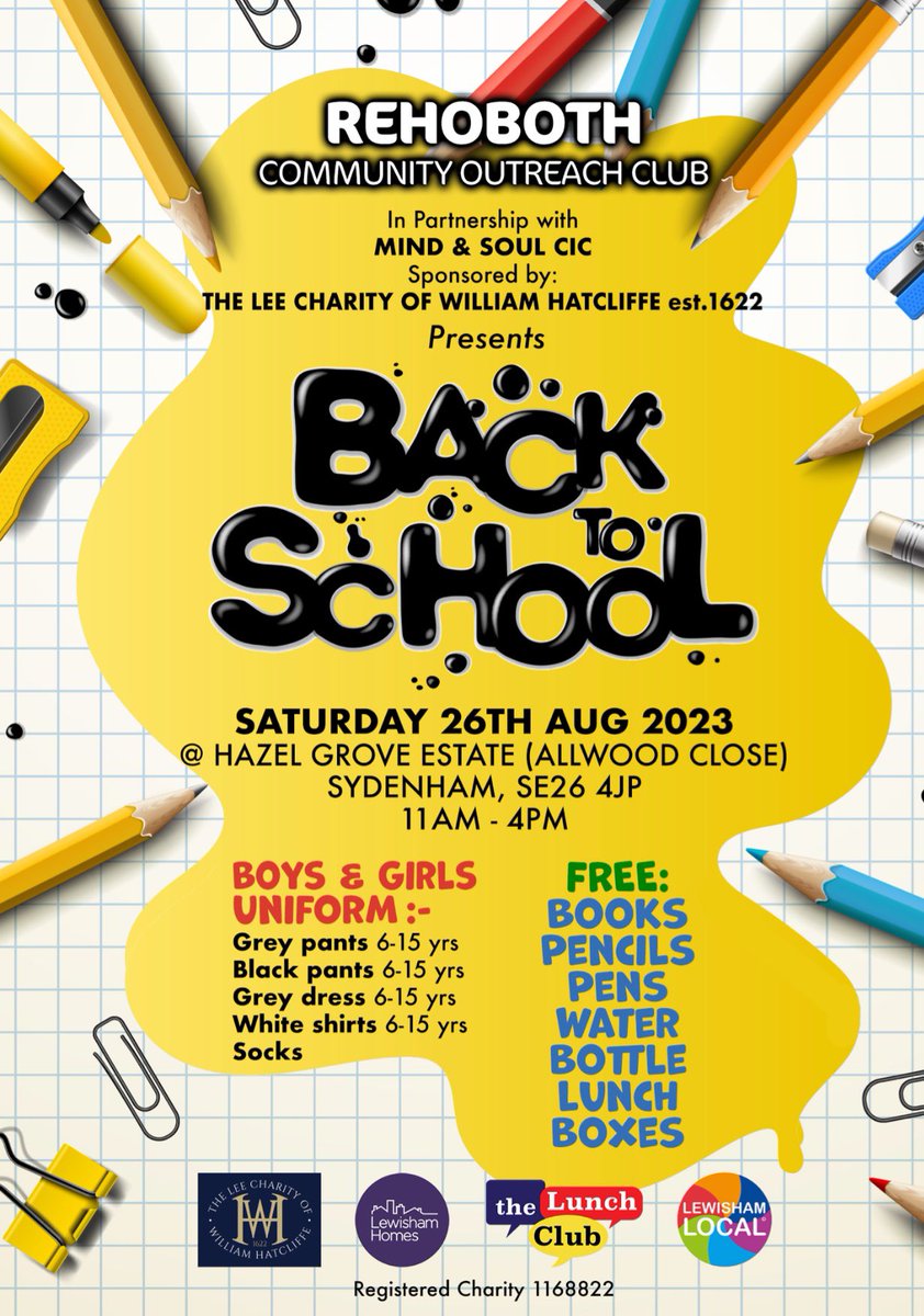 Rehoboth Community Outreach Club - Charity (@rehobothclub) on Twitter photo PLEASE SAVE THE DATE!!! 26th AUG 2023
Massive shout-out <a href="/HatcliffeLee/">The Lee Charity of William Hatcliffe</a> who donated over £3300 to our organisation to purchase uniforms for 200 children in the local community of Sydenham and other neighbouring communities.
FREE uniforms age 5 - 16 yrs for back-school 👏👏👏💞 PLEASE SAVE THE DATE!!! 26th AUG 2023
Massive shout-out <a href="/HatcliffeLee/">The Lee Charity of William Hatcliffe</a> who donated over £3300 to our organisation to purchase uniforms for 200 children in the local community of Sydenham and other neighbouring communities.
FREE uniforms age 5 - 16 yrs for back-school 👏👏👏💞