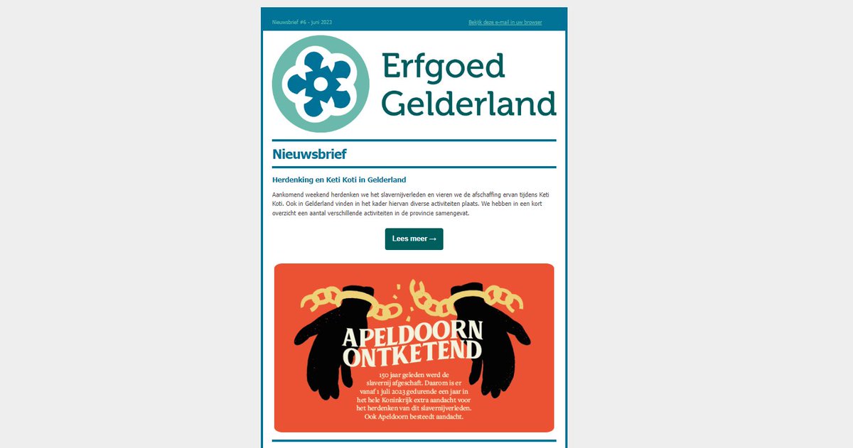 Onze nieuwsbrief is weer uit! Lees over de herdenking en Keti Koti in Gelderland, het inzenden van projecten voor de Gelderse Roos Prijs, de Verhaal van Gelderland Podcast en meer nieuws. Meer: mailchi.mp/erfgoedgelderl…