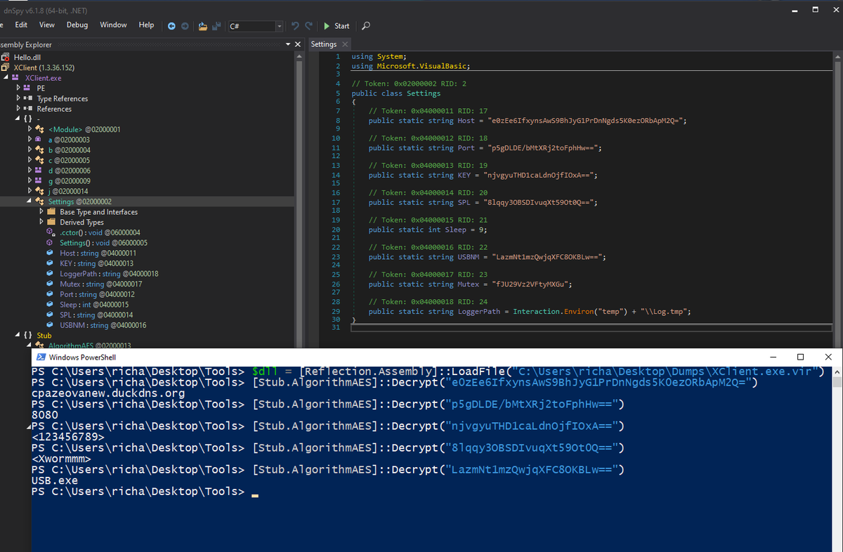 RE Tip. If you want to decrypt obfuscated .NET strings, just call them from Powershell. E.g. this is xWorm config decryption. File: virustotal.com/gui/file/cb0a5…