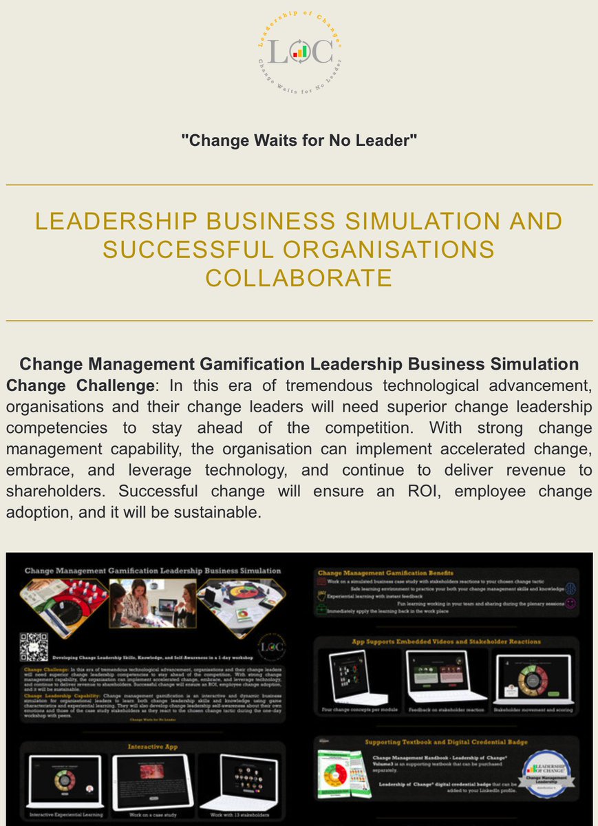 #Leadershipofchange
Weekly Email #48 June 26, 2023
Leadership Business Simulation
Successful Organisations Collaborate
#changemanagement
bit.ly/3NnZDgt