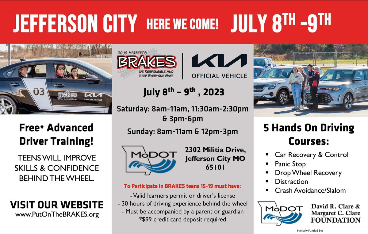 The Patrol is teaming up with <a href="/MoDOT/">MoDOT</a> to bring <a href="/PutOnTheBRAKES/">B.R.A.K.E.S.</a>, a Teen Pro-Active Driving School, to the Missouri Emergency Vehicle Operation Course (EVOC) training center in Jefferson City on July 8 &amp; 9.
ℹ️ More Information: putonthebrakes.org/shop/Merchandi…