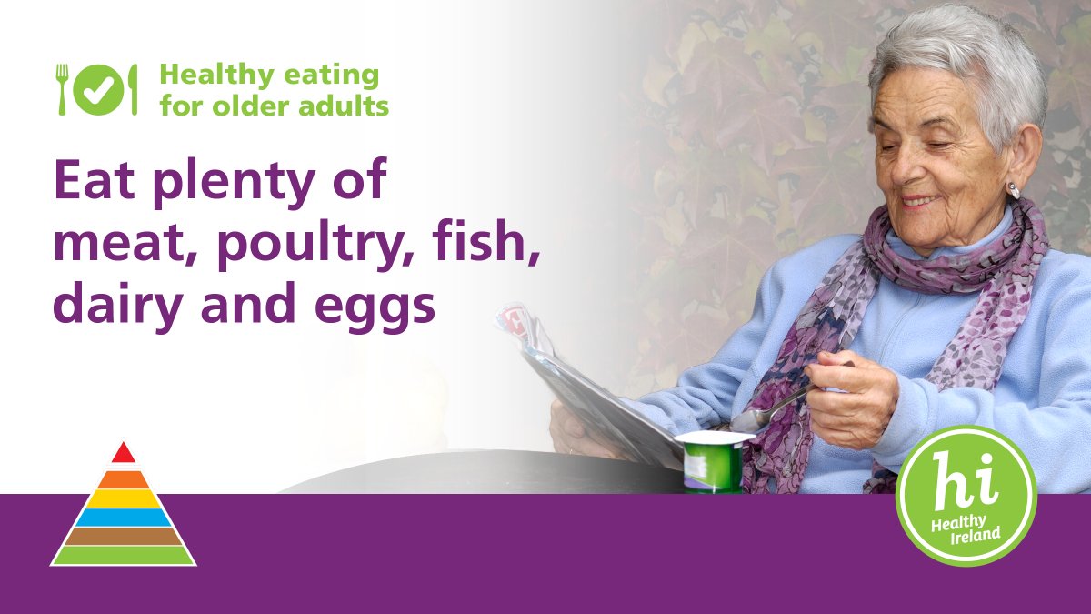 HealthyIreland's tweet photo. Older adults need to eat a protein-dense diet, with plenty of meat, poultry, fish, dairy and eggs, to help stimulate muscle protein.
Go to https://t.co/Z9bQrcg6dv for more
#HealthyEatingOver65 https://t.co/3QT7CKbPle