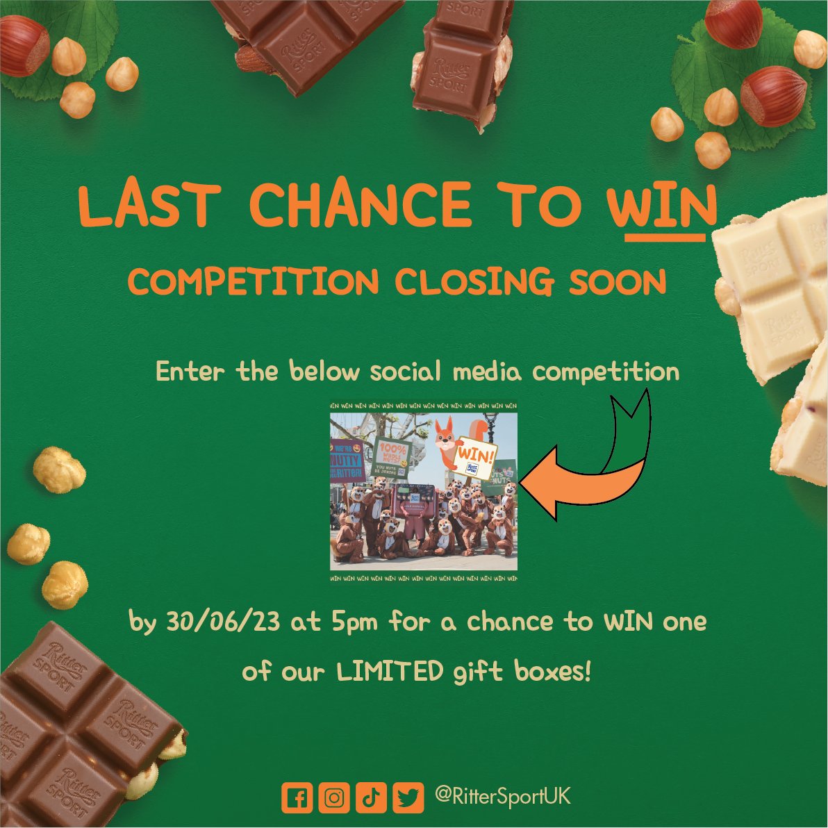 THIS IS YOUR REMINDER 📢

Enter our social media competition for a chance to WIN a Ritter Sport gift box filled with our nutty chocolate and THE cutest squirrel soft toy 🐿️

See our pinned post for entry requirements! 🙌