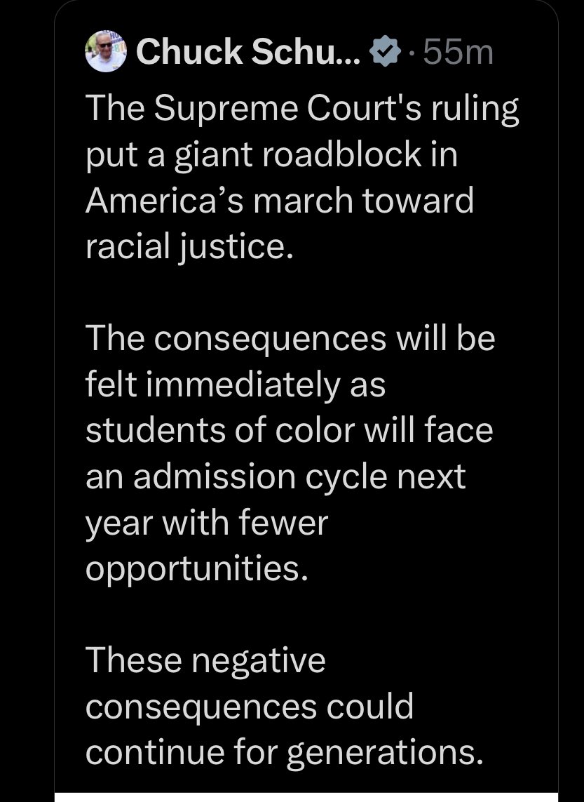 Never mind the negative consequences for white and Asian students. Cry more Chuck. This is equality.