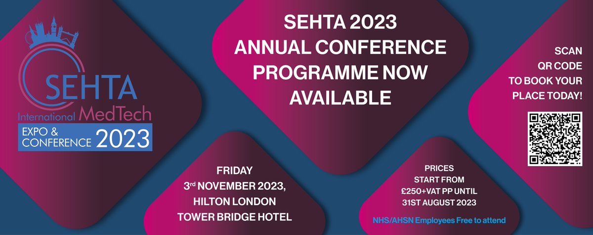 SEHTA_UK's tweet photo. The 2023 conf prog for #SEHTA2023MedTechExpo on 3 Nov has been released. Session topics inc #Patientvoice, #Virtualwards, #Export, #HealthEngineering, #Regulatory &amp; closing remarks from @DrTonyYoung.
Book today 👉https://t.co/m8d2OGvo2f
#SME #medtech #DigitalHealth #lifesciences https://t.co/979V7lnipR