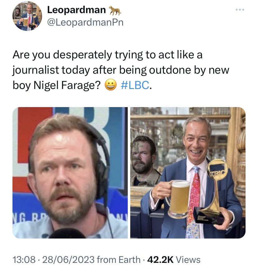 LeopardmanPn's tweet photo. I’ve hooked some O’Brien Lickspittles with this tweet I can tell you!
All Remoaners…his whole career is based on his hate for the U.K. and love of the EU Mafia. Yet he lives in the U.K. 😂😬 I feel sorry for those who believe him. So sad. #LBC. #OBONGO. https://t.co/viYaRFd96x