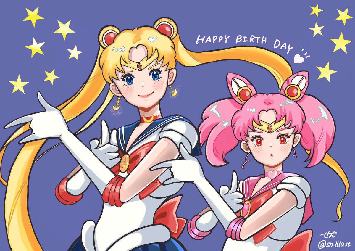 chibi usa ,sailor moon ,tsukino usagi multiple girls 2girls sailor senshi uniform twintails gloves blonde hair jewelry  illustration images