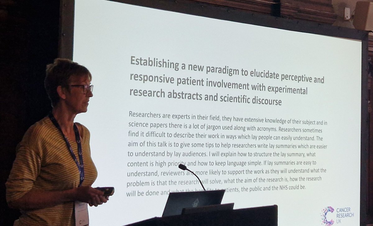 LambAlastair's tweet photo. Wonderful clear talk from @DuncombeSue on #PatientInvolvement in research Loved these two examples of a lay summary (good and bad). So similar yet so different. Thank you Sue #ChalknCheese

Top tips:
•simplify title
•provide structure
•Pt review
#CRUKAllFellows  @CRUKresearch https://t.co/MV8Tq8MliX