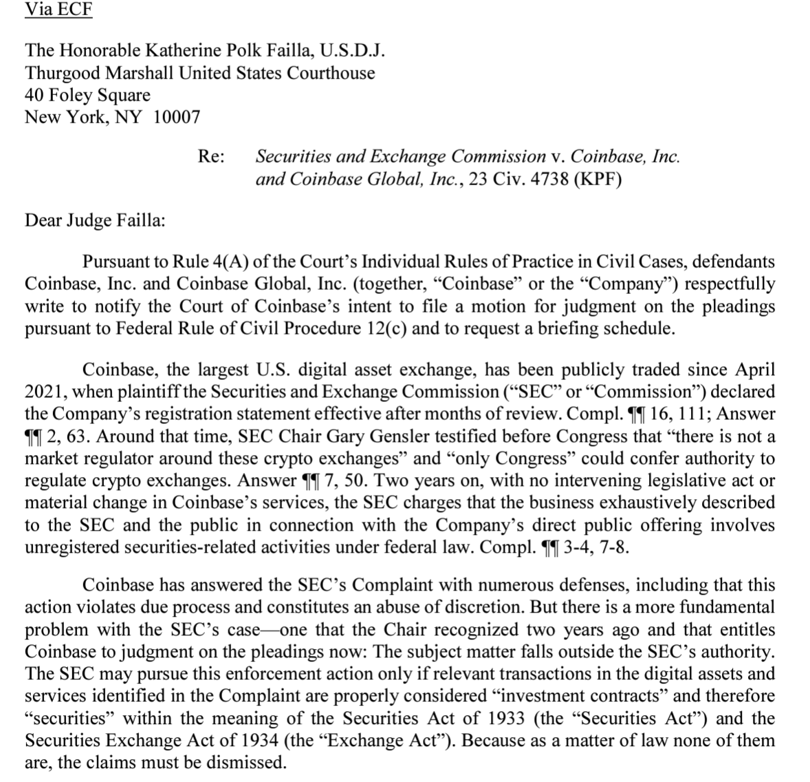 Yes, #Coinbase answered the #SEC's complaint, but they also seek leave to file a motion asking the court for a judgment in its favor based solely on the SEC's complaint - before any actual facts are developed. In other words, they ask the court to say 'you win on the merits,