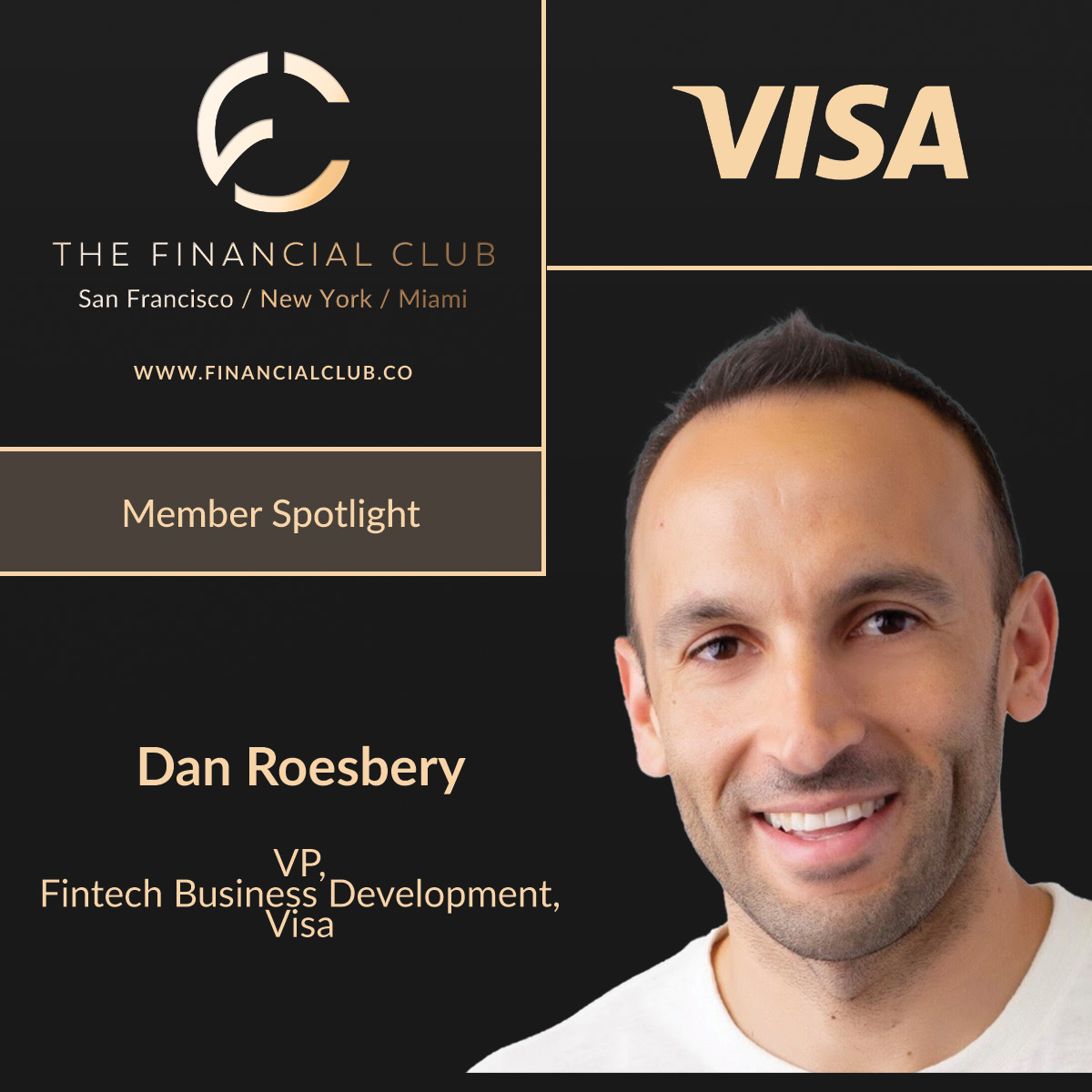 FinancialClubUS's tweet photo. Member Spotlight: Dan Roesbery, VP, Fintech BD, @Visa.

@droes00 leads new strategic and commercial partnerships with North America and Global #Fintech, eCommerce, Social, and #Crypto companies. 
Catch Dan at the Financial Club gatherings in SF &amp; NYC -> https://t.co/uATK1d3Glt https://t.co/0shuFu0Ld2
