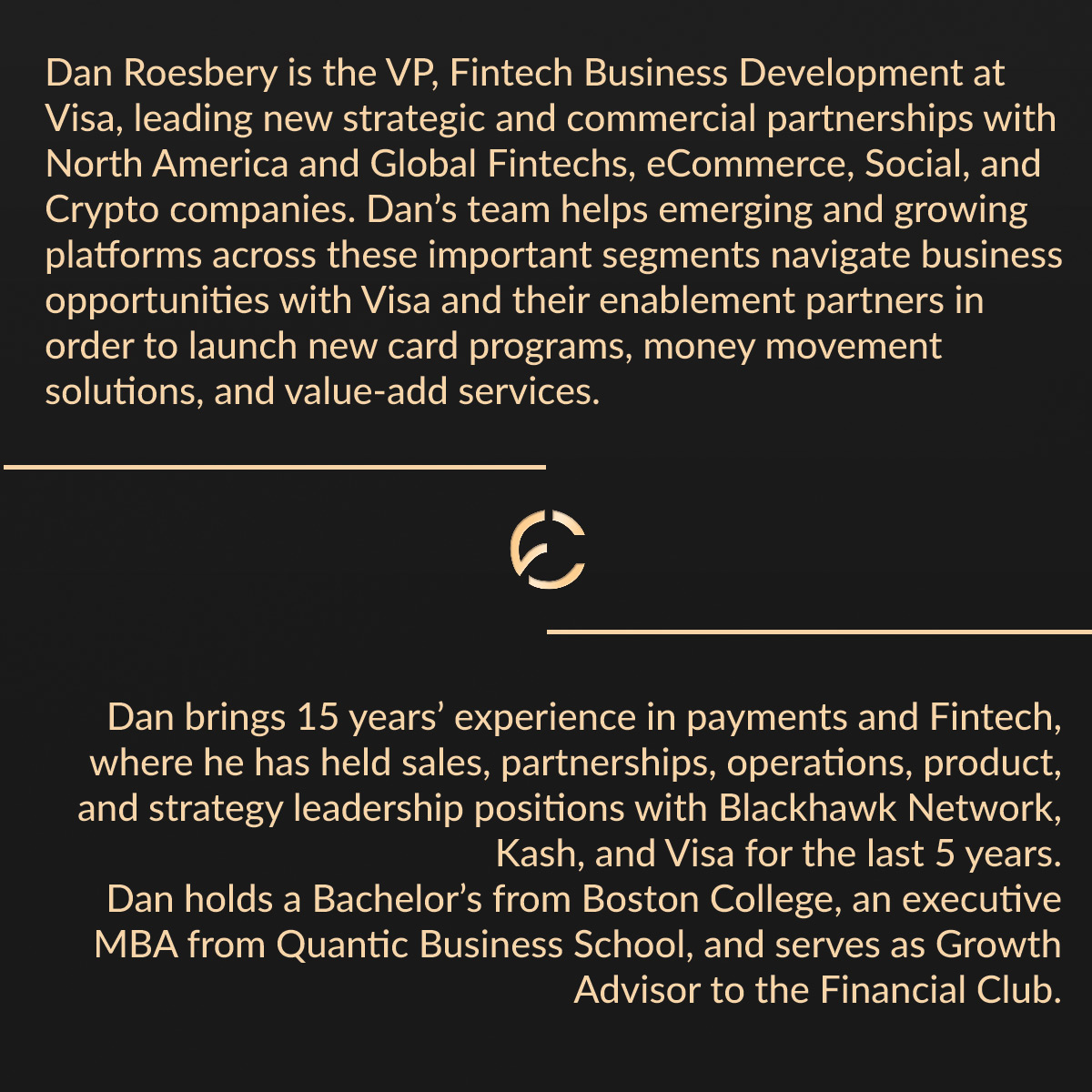 FinancialClubUS's tweet photo. Member Spotlight: Dan Roesbery, VP, Fintech BD, @Visa.

@droes00 leads new strategic and commercial partnerships with North America and Global #Fintech, eCommerce, Social, and #Crypto companies. 
Catch Dan at the Financial Club gatherings in SF &amp; NYC -> https://t.co/uATK1d3Glt https://t.co/0shuFu0Ld2