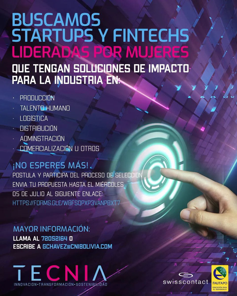 ¡Ampliamos el plazo hasta el 5 de julio!                                                                       
📌 Puedes postularte hasta el 5 de julio
▶️Registrate en el siguiente enlace:
forms.gle/w8FsQPXP3vANPb…
¡No puedes quedar fuera!
Para mayor información llama al 72052164