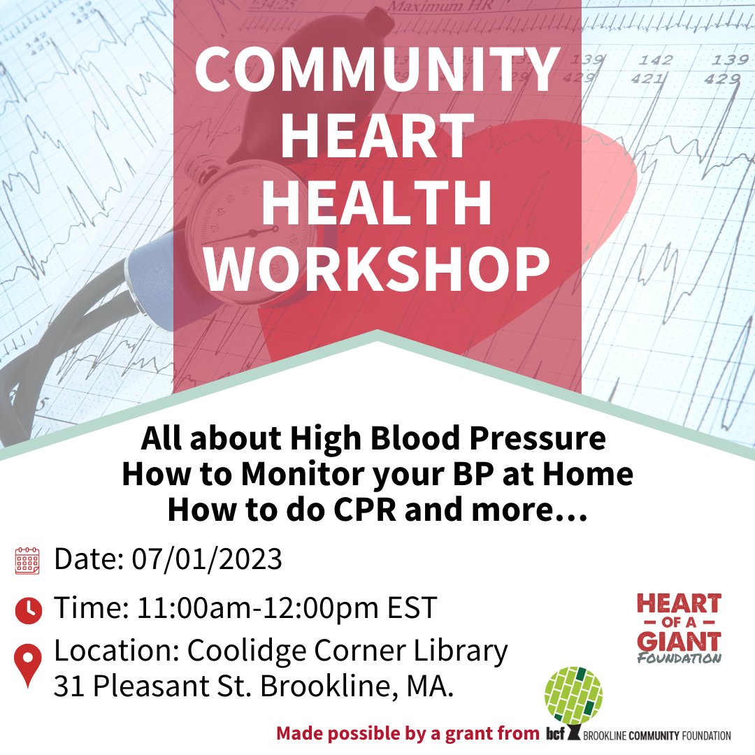 📣 Exciting news! Join us for an empowering workshop on managing blood pressure & responding to emergencies at home! 🌡🤝

📅 Date: 07/01/2023
⏰ Time: 11:00am-12:00pm EST
📍 Location: Coolidge Corner Library

Learn to:
🌡 Monitor BP at home
🩺 Perform CPR at home
#HealthWorkshop