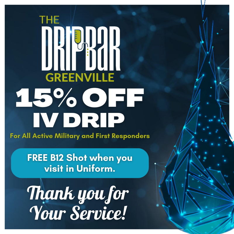 thedripbargvl's tweet image. To show our appreciation, Active Military Service Members and First Responders get 15% OFF IV Drip or a Free B12 shot when you visit The DRIPBaR Greenville in uniform. Thank you for your service to our community!

#MilitaryDiscount #FirstResponderDiscount #IVDrip