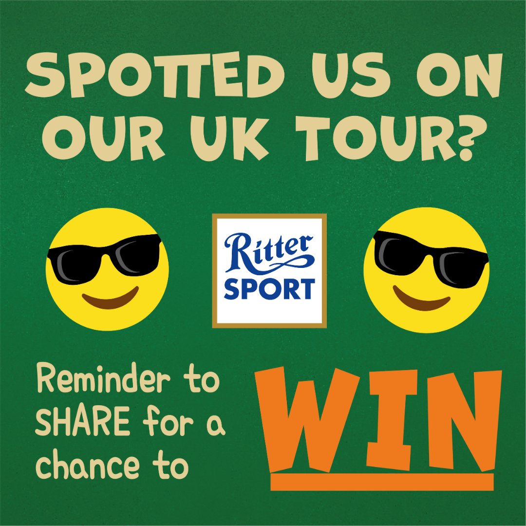 LAST CHANCE TO ENTER 📢

Our UGC competition closes 01/07/2023 at 12pm! ⏳

For a chance to WIN a Ritter Sport gift box filled with
our nutty chocolate &amp; THE cutest squirrel soft toy:
📸Share a photo/video of us spotted on our UK tour
🌰Use #GoNutsForNuts
🍫Tag <a href="/RitterSportUK/">Ritter Sport UK</a>