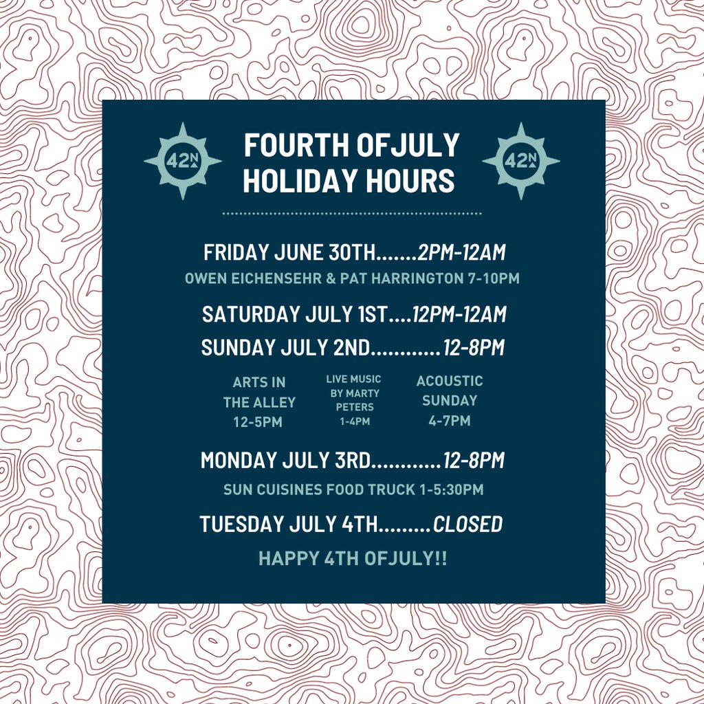 Looking forward to the holiday weekend --> Check out our schedule through the Fourth of July. Please note we're open Monday this week, but closed Tuesday for the holiday!! 🎆 🍻