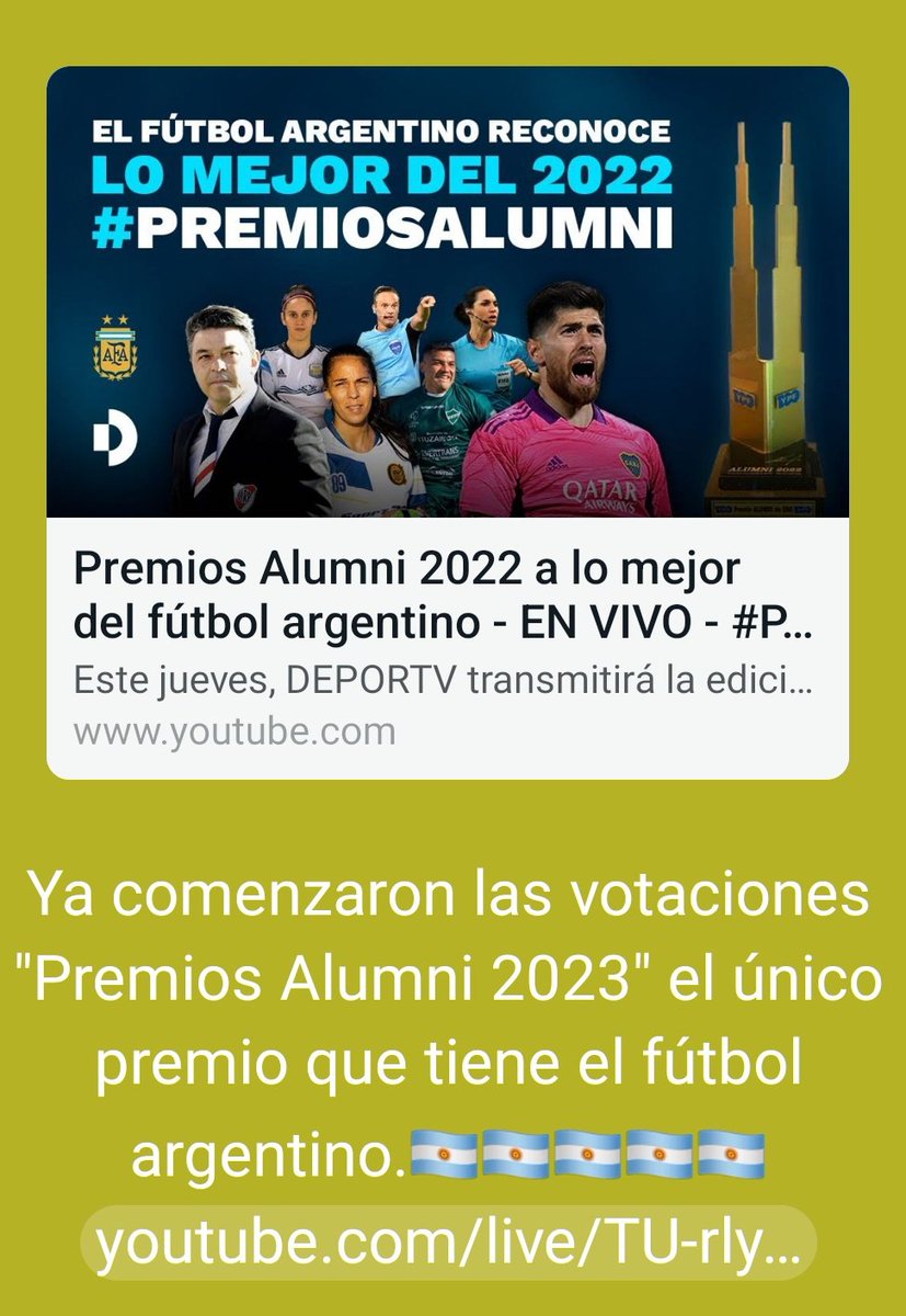 youtube.com/live/TU-rlyYXc….  #PremiosAlumni
<a href="/DavidBLarrosa/">DAVID LARROSA</a> <a href="/CIDEDFA/">CIDEDFA</a> <a href="/tapiachiqui/">Chiqui Tapia</a> <a href="/afa/">AFA</a> <a href="/Argentina/">🇦🇷 Selección Argentina ⭐⭐⭐</a> <a href="/isafigueroa15/">Isafigueroa2</a>