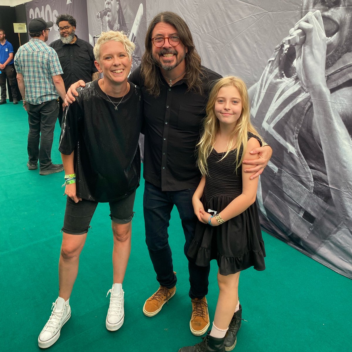 Cat, Dave & Orphelia 😊 Always amazing seeing the nicest guy in rock.. but being able to chat drums & gigs with him was off the chart. Also, Orphelia is super cool, wee goth legend! What an amazing, overwhelming day 💜 #glastonbury #davegrohl