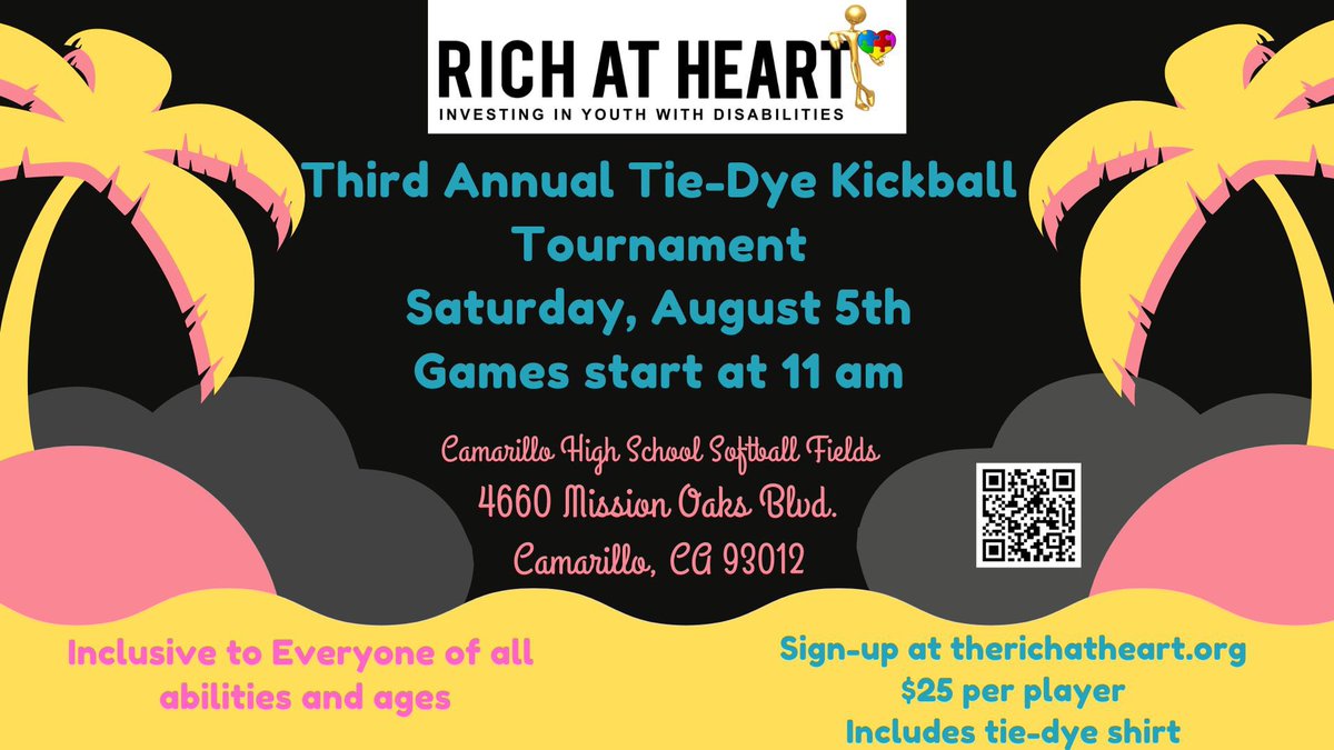 richatheart3's tweet image. Funfriday!! 3rd annual tie dye kickball event! End of the summer back to school event‼️Let the games begin! August 5th 2023 at Camarillo High School softball fields! Lets have some fun! 

Register at therichatheart.org 

All ages!! 

🧩 #WeChooseToInclude