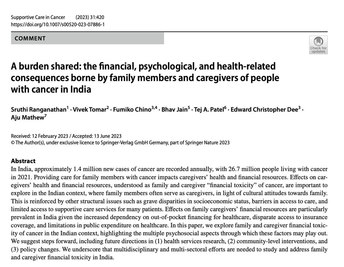 📜 In @MASCC_JSCC - we examine #FinancialToxicity among pts w #cancer & their families in #India 

👉 #global settings and #family & #caregiver experiences should be studied & addressed

🙏 #patient #advocate and #coauthor @R2SurviveCancer and team!

🔗 link.springer.com/article/10.100…