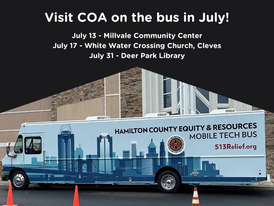 help_4_seniors's tweet photo. You'll have 3 chances in July to meet with a COA rep on the @HamiltonCntyOH 513Relief Bus. We can answer your questions about aging-related services in the county, and even screen you for eligibility for those we offer. Get all the details: https://t.co/NzT7xXGTcS https://t.co/VSPWsP1yOz