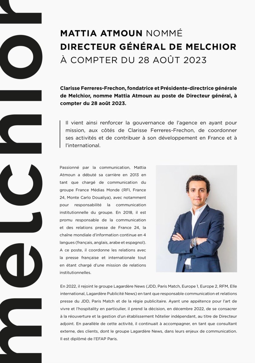 MattiaAT's tweet photo. Très heureux de rejoindre #Melchior et de travailler, aux côtés de @Clarisse_F_F et de l’équipe, au service des acteurs les plus inspirants de l’art de vivre !

Merci à @Clarisse_F_F pour sa confiance ainsi qu’à @CBenque @MRenoirCouteau @ch_porquet @legrandthomas @VanessaBurggraf https://t.co/9Po4Dg1wLg