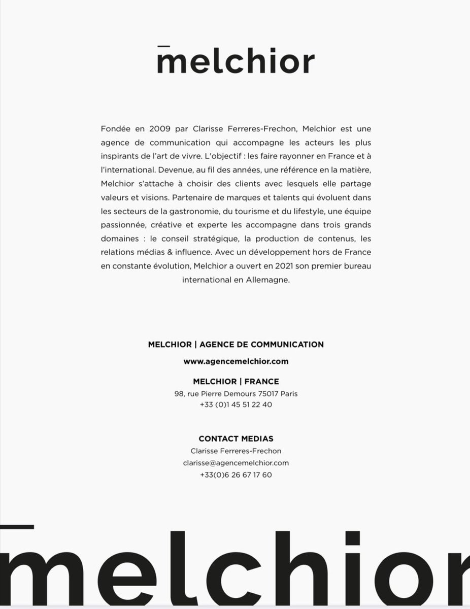 Très heureux de rejoindre #Melchior et de travailler, aux côtés de <a href="/Clarisse_F_F/">Cla Ferreres-Frechon</a> et de l’équipe, au service des acteurs les plus inspirants de l’art de vivre !

Merci à <a href="/Clarisse_F_F/">Cla Ferreres-Frechon</a> pour sa confiance ainsi qu’à <a href="/CBenque/">Constance Benqué</a> <a href="/MRenoirCouteau/">Marie Renoir-Couteau</a> <a href="/ch_porquet/">Charlotte Langlois</a> <a href="/legrandthomas/">Thomas Legrand-Hedel</a> <a href="/VanessaBurggraf/">Vanessa Burggraf</a>