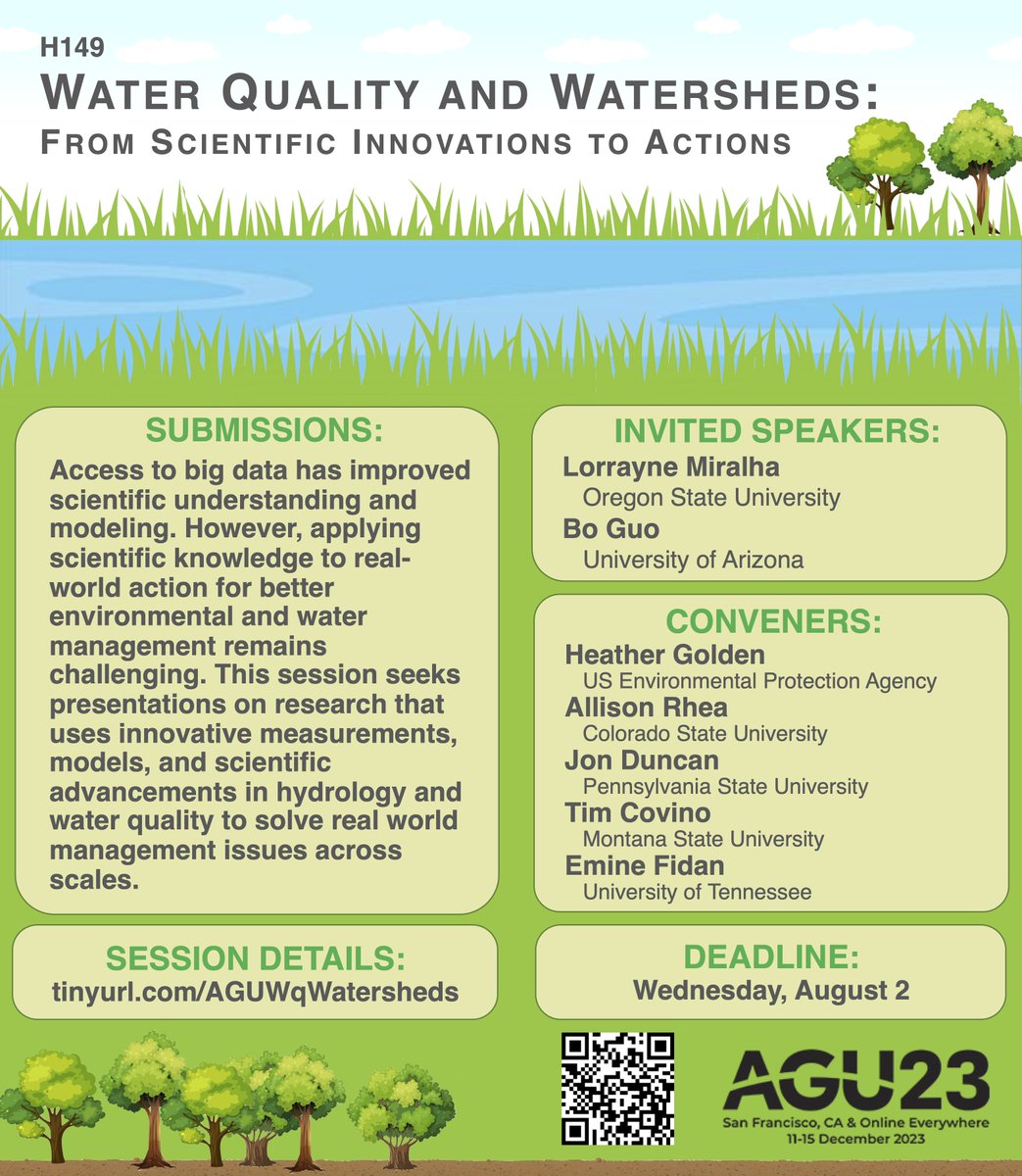 It's #AGU23 season and the Water Quality and Watersheds session is back! Submit your research abstracts to our session (details below). Invited speakers include @LorrayneMiralha & @boguo_ua! 
 
@AGU_GWHydro @AGU_H3S @AGUecohydro @AGU_WQ @AGUbiogeo @AGUGlobalChange @AGUCatchHydro