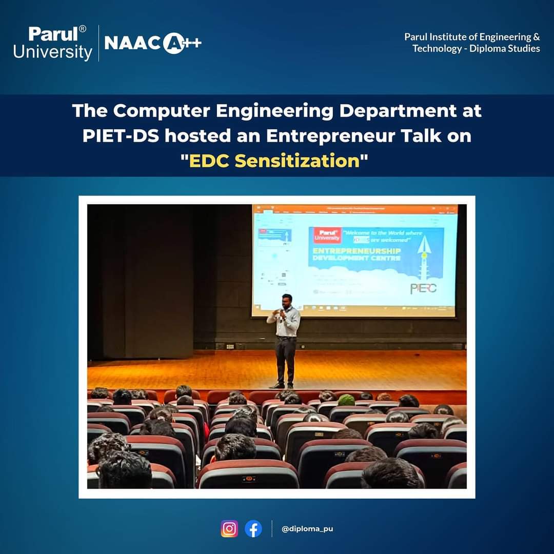 The Computer Engineering Department at PIET-DS recently hosted an electrifying Entrepreneur Talk on 'EDC Sensitization' with Mr. Jay Sudani, CEO at EDC Cell Parul University. 

#entrepreneurtalk  #paruluniversity #diplomapu #computerengineering