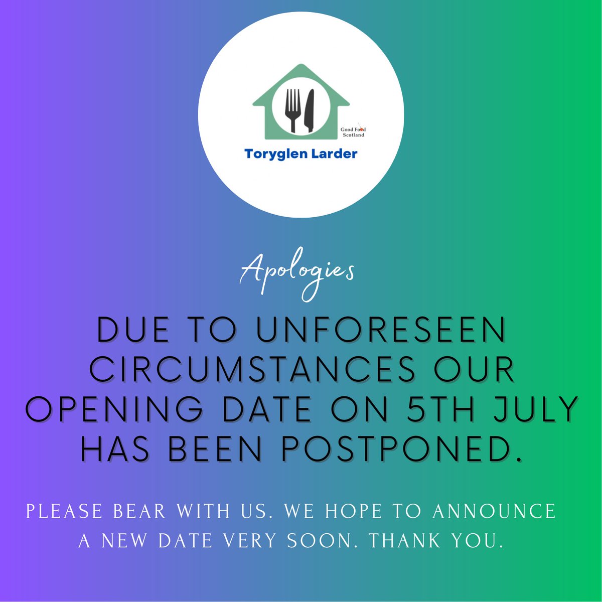 ToryglenFood's tweet photo. ⭐️Announcement⭐️
We are working hard to bring the Toryglen Larder to the community but unfortunately we won't be opening next week like we'd hoped.
We thank you for your patience so far, &amp; ask that you hang on for just a little while longer.
Thank you.
#TeamTL #LoveALarder
🍅 https://t.co/tJFWu4XdKR