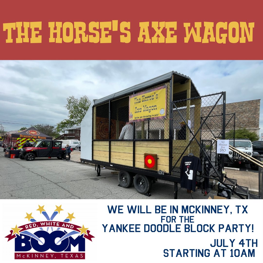 Our mobile axe throwing trailer will be in McKinney, TX for the Yankee Doodle Block Party tomorrow starting at 10am!
