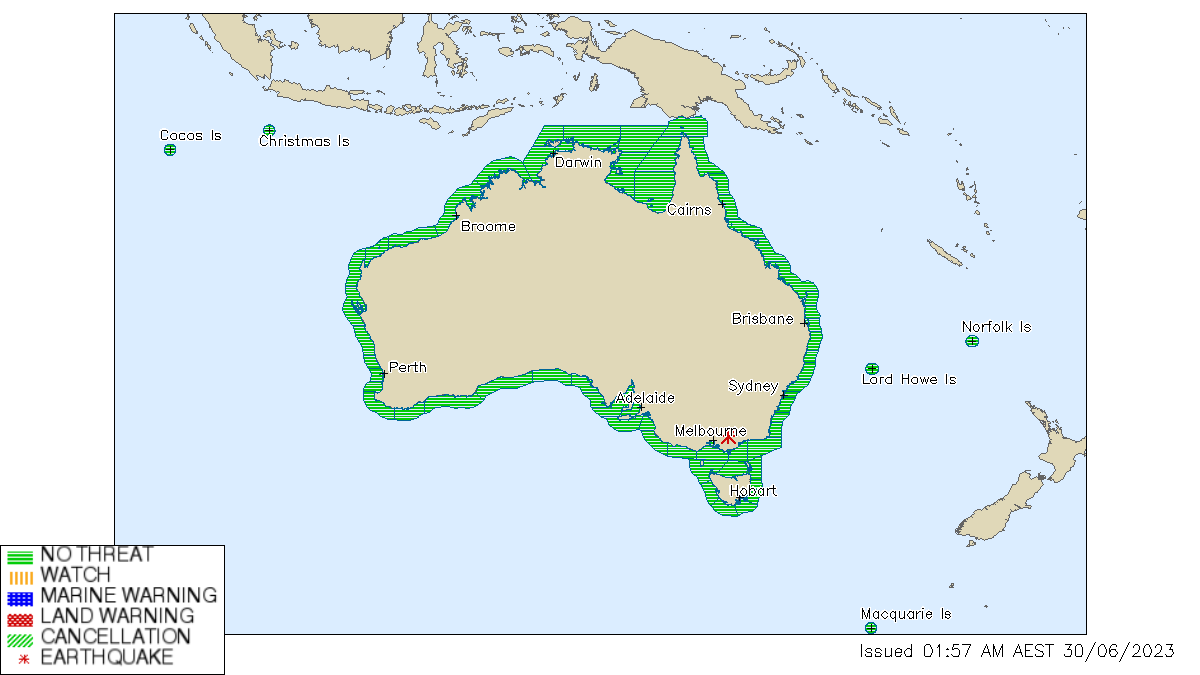 BOM_au's tweet photo. No #tsunami threat to Australia from #earthquake felt in Melbourne, Victoria (magnitude 4.6 near Rawson, VIC). See https://t.co/Tynv3ZQpEq. https://t.co/grumunbdzF