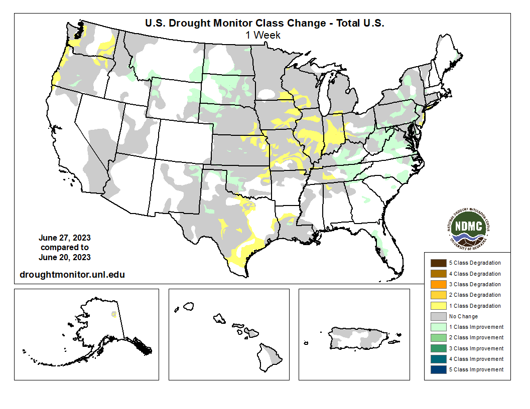 Updated #drought monitor and the changes since last week show continued Extreme/Exceptional classifications for parts of the Central U.S. with conditions worsening in some areas of the Mississippi Valley. Improvements noted in the High Plains and Mid-Atlantic.