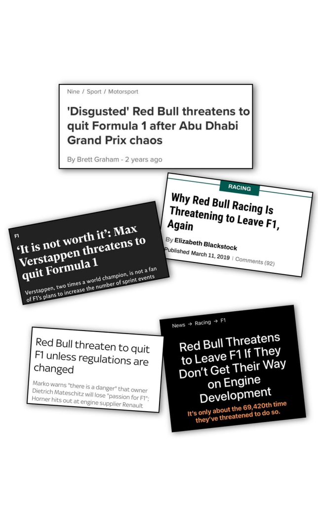 Little reminder how Red Bull were threatening to leave F1 literally every year.