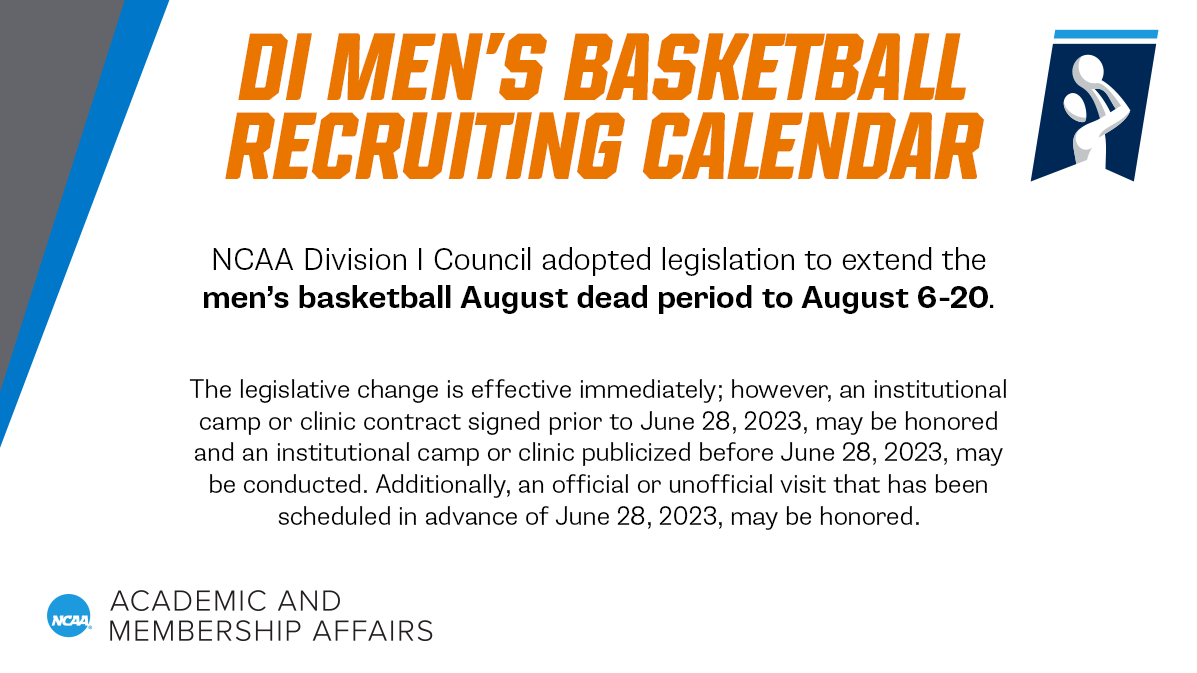 NCAACompliance's tweet photo. 🚨New Legislation Alert - DI Men's Basketball🚨

Check out the graphic below regarding the new extended August Dead Period. https://t.co/fHHGsk6whJ