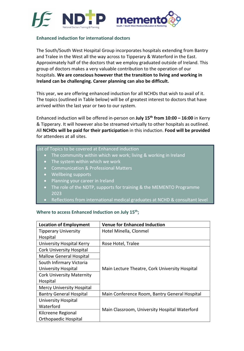 Proud to announce that hospitals @HrSswhg will offer enhanced induction for international medical graduates on July 15th. NCHDs will be paid &amp; food is provided. Details regarding content, venues etc are in the attached pic OR downloaded from new NTSD section on <a href="/HospitalBuddy/">HospitalBuddy.ie</a> app