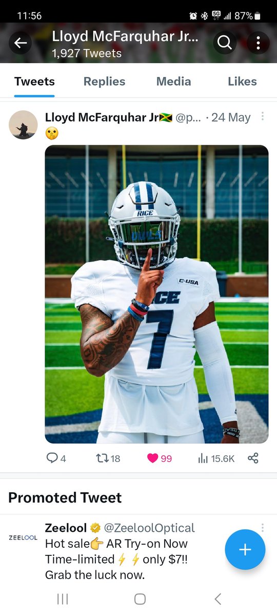 TrackerCollege's tweet photo. Sourced stated that Lloyd Mcfarquhar  transfer from Ohio state  has now officially  transferred to Rice on a fullride  Scholarship.  He has already moved to Houston to get started with his team. Best of luck to this guy @presidentlloyd_ https://t.co/FsrNtX1eHH