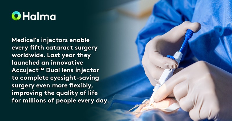 Halmaplc's tweet photo. Halma company Medicel's latest innovation, the Accuject™ Dual lens injector, helps tackle the global issue of preventable blindness caused by cataracts #CataractAwarenessMonth #innovation