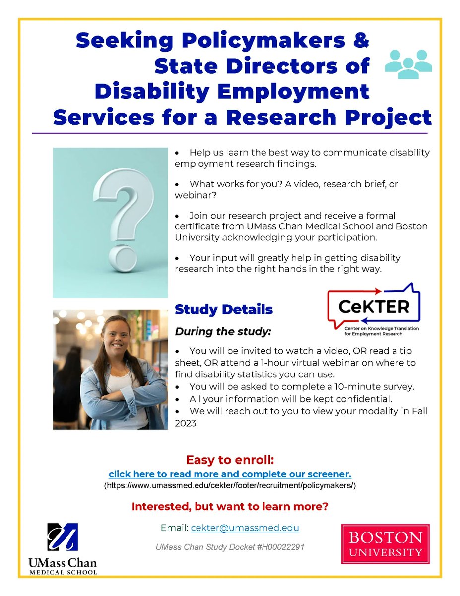 Seeking #Policymakers & Directors of #DisabilityEmployment
Services for a #ResearchProject. Help us learn the best way to communicate #disability #EmploymentResearch findings to you. More info: buff.ly/3pxvHGD 
#ResearchStudy  #NIDILRR @NARICInfo @ACLgov @KTDRR_Center