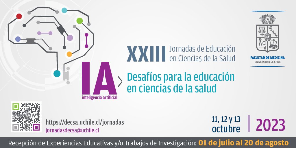 decsauchile's tweet photo. ¡Hola a tod@s! ¿Estás listo para sumergirte en el fascinante mundo de la Inteligencia Artificial y la Tecnología en la educación de ciencias de la salud? ¡Entonces no te pierdas las Jornadas de Educación en Ciencias de la Salud! https://t.co/VXdEWUO72L #InteligenciaArtificial https://t.co/UiPQ9Nq3Yc