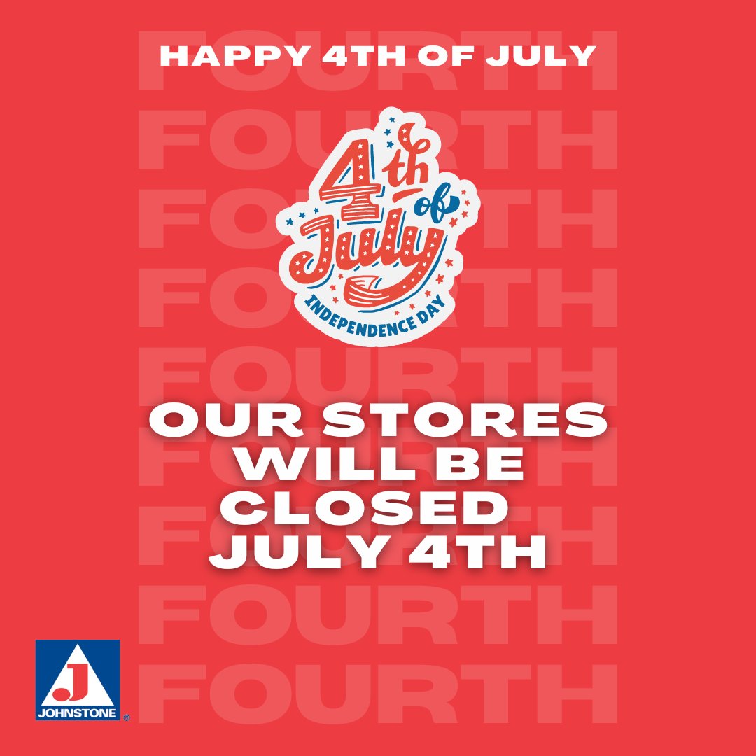 JohnstoneELP's tweet photo. Holiday Hours for Next Week.

Monday: 7:00am- 5:00pm
Tuesday: CLOSED (JULY 4TH)
Wednesday-Friday: 7:00am- 5:00pm
Wishing you a safe and cool 4th of July Celebration.
Shop https://t.co/Hyzv6A3PeV https://t.co/AVQtgZrZ4M