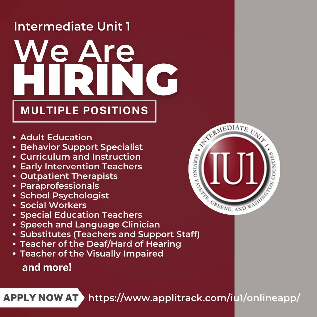 Intermediate Unit 1 (@iu1tweets) on Twitter photo ๐ฃ IU1 is looking to fill multiple positions!
Please help by sharing this post and by checking out the available careers!
Visit buff.ly/3oibJPg for more information and to apply!
<a href="/donmartiniu1/">Don Martin</a> <a href="/kristin_sziu1/">Dr. Kristin Szewczyk</a> <a href="/jennylentiu1/">Jenny Lent</a> ๐ฃ IU1 is looking to fill multiple positions!
Please help by sharing this post and by checking out the available careers!
Visit buff.ly/3oibJPg for more information and to apply!
<a href="/donmartiniu1/">Don Martin</a> <a href="/kristin_sziu1/">Dr. Kristin Szewczyk</a> <a href="/jennylentiu1/">Jenny Lent</a>