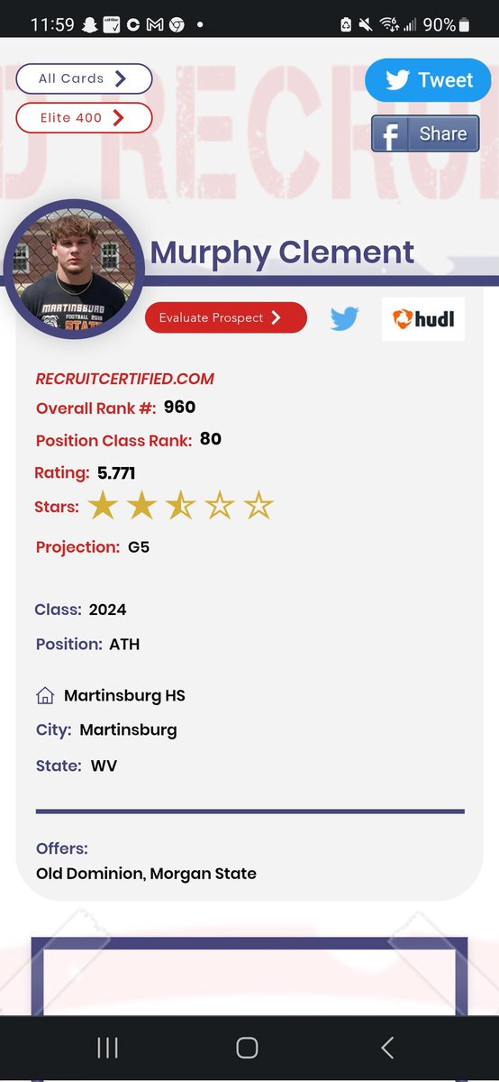 After a Great Stamp Camp and Film Evaluation : Murphy Clement grades as a 2.5 🌟  G5 prospect. 

He's out of WV , came all the way to PA and was very impressive. 

Hold offers at ODU, Morgan St
Ran 4.49 at the Camp at 5'10 195
He's Offer ready! 3.8 GPA <a href="/murphy_clement2/">Murphy Clement</a>  is a guy